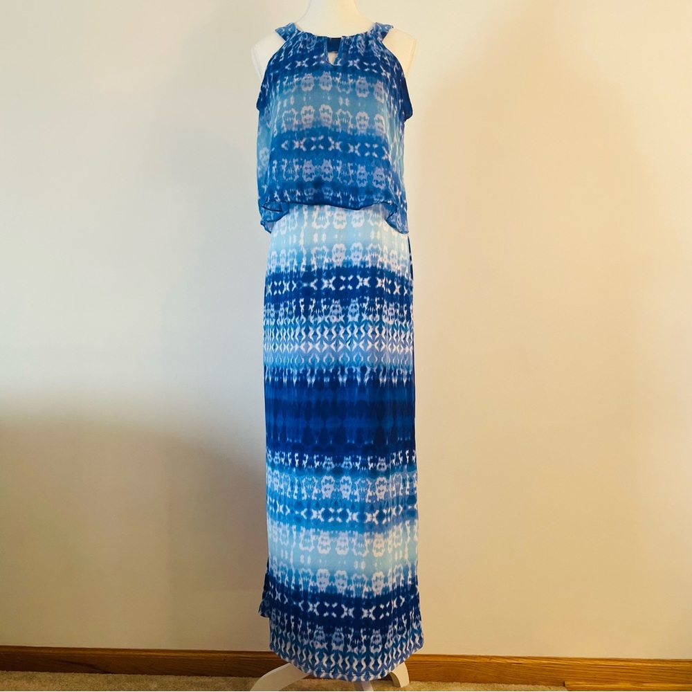NEW Sleeveless Maxi Dress Notations Blue White Pattern Women’s
